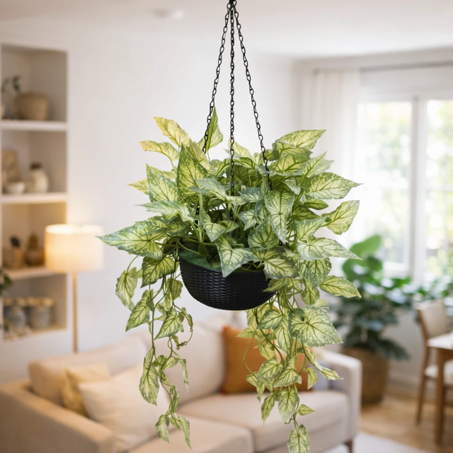 Artificial Hanging Plant Caladium Trailing Vines Black Wicker Pot Chain Hanger 70cm Home & Garden Artificial Non-Flowering Plants