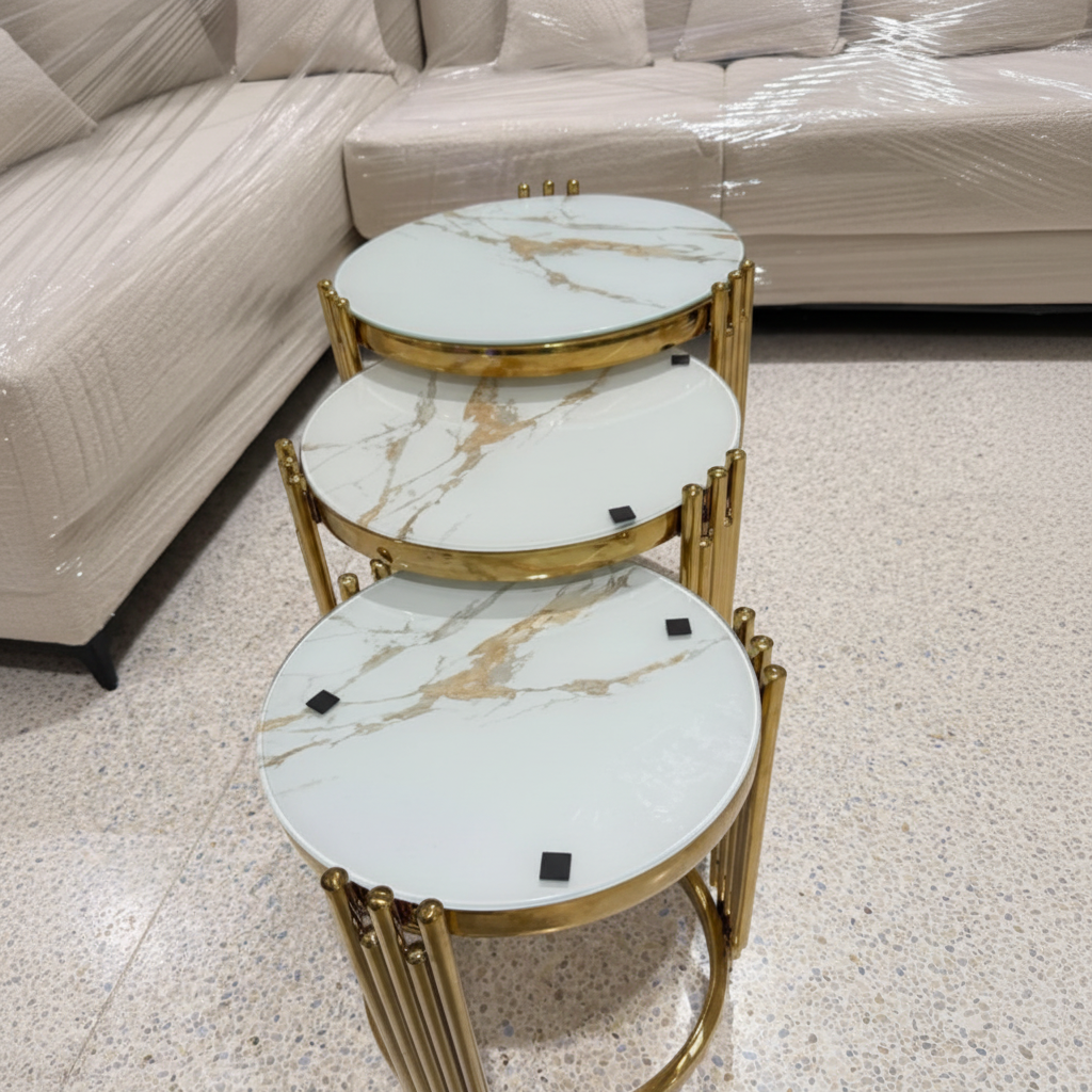 3 in 1 Executive Pure Marble Nesting Tables with Gold Frame