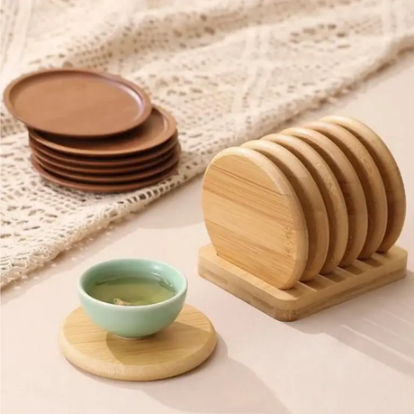 Coaster Set - 6-Piece Round Bamboo 10cm with Slatted Holder Rack Natural Finish Kitchen & Dining Coasters