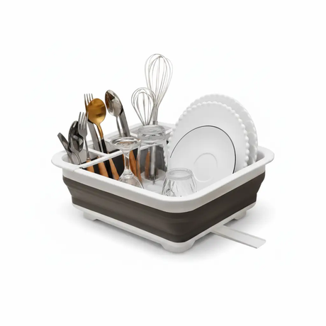 Dish Rack - Collapsible Silicone Foldable Dish Drainer with Cutlery Holder and Drain Spout Grey White Kitchen & Dining Dish Racks