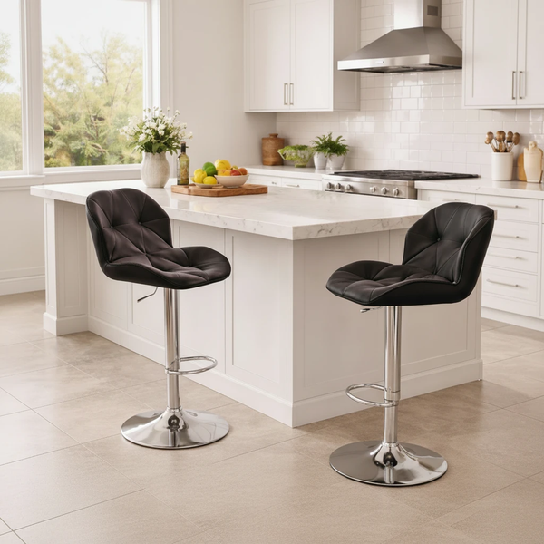 Set of 2 Pure Leather Modern Adjustable Bar Stools Diamond Quilted 360° Swivel Hydraulic Chrome Base Black White Furniture Adjustable Bar Stools