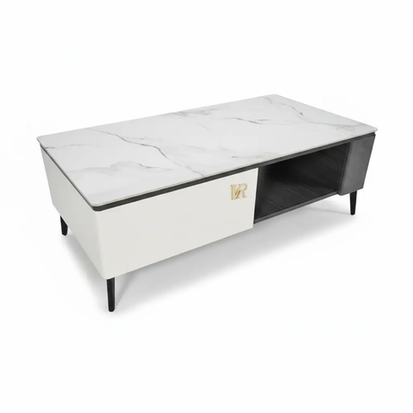 Coffee Table - White Sintered Stone Top with Drawer and Dark Wood Open Shelf Furniture Coffee Tables