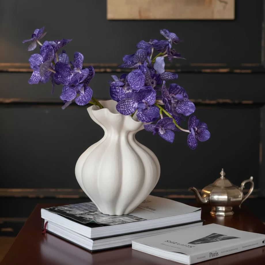 French High-End Retro Art White Petal Shaped Ceramic Vase Home & Garden Vases