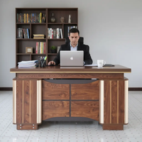 Office Desk - Executive Solid Wood with 4 Drawers and Curved Pedestal Base Walnut Furniture Desks