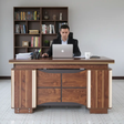 Office Desk - Executive Solid Wood with 4 Drawers and Curved Pedestal Base Walnut Furniture Desks