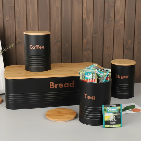 4 Piece Bread Bin with 3 Canister Set Black with Bamboo Lids Kitchen & Dining Food Storage Containers