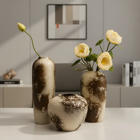 Vase Set - Rustic Brown Textured Ceramic 3-Piece Earthy Home & Garden Vases