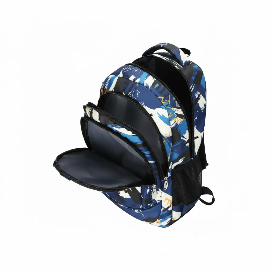 School Bag - 31x45x20cm Geometric Floral Print Multi-Compartment Backpack Blue White Bags & Luggage School Backpacks