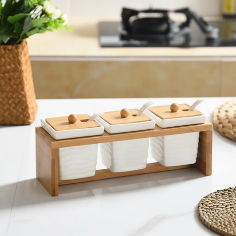 Canister Set - 3pcs Ceramic Spice Jars with Bamboo Lids and Stand Kitchen & Dining Food Storage Containers