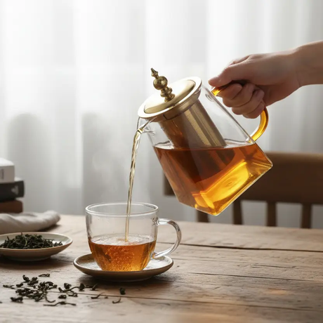 Glass Teapot - Heat Resistant with Stainless Steel Infuser Gold Handle 550ml 750ml 950ml Kitchen & Dining Teapots