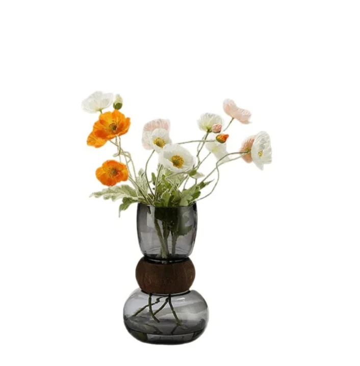 Nordic 3-Tier Stacked Smoke Glass Vase Walnut Wood Ring Accent 28cm Home & Garden Vases