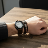 Men's Quartz Watch & Leather Bracelet Gift Set Brown Black Bags & Accessories Jewelry Sets