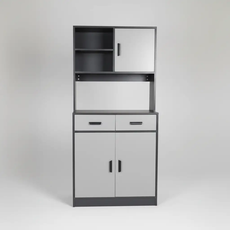 Tall Grey Storage Cabinet with Hutch, Drawers & Base Doors Storage Cabinet Hutch-Style Kitchen Cabinets