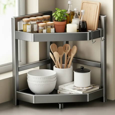 2-Tier Grey Metal Corner Spice Rack Utensil S-Hooks 40x25x32cm Kitchen Countertop Organiser Kitchen & Dining Spice Organizers
