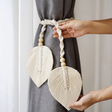 Curtain Tiebacks - Pair Handmade Macrame Boho Leaf with Wood Beads Cream Natural Home Decor Curtain Tiebacks