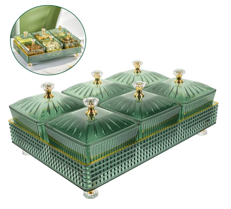 7-Piece Acrylic Square Candy Serving Bowl Set with Dome Lids Crystal Diamond Knobs Gold Trim Rectangular Tray Black Green Kitchen & Dining Serving Trays