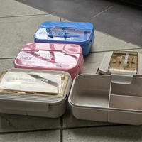 Bento Lunch Box 3-Compartment 1100ml with Spoon Fork Beige Blue Pink Kitchen & Dining Lunch Containers
