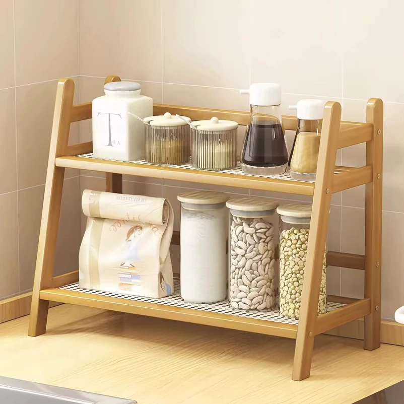 2-Tier Bamboo A-Frame Countertop Storage Rack Wicker Shelf Light Dark Brown Kitchen & Dining Kitchen Organizers