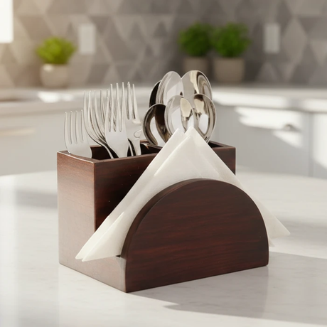 KVG Nova Wooden Cutlery Holder with Napkin Holder Spoon Fork Stand Kitchen & Dining Kitchen Utensil Holders