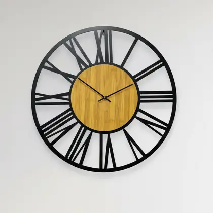 Wall Clock - Open Frame Roman Numeral with Oak Wood Centre and Black Metal Frame Home Decor Wall Clocks