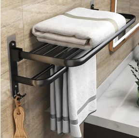 Towel Rack - 60cm Wall-Mounted Double Layer Aluminum Black Home & Garden Towel Racks