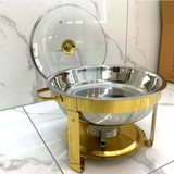 Round Stainless Steel Chafing Dish 5L with Gold Accents and Glass Lid Kitchen & Dining Chafing Dishes