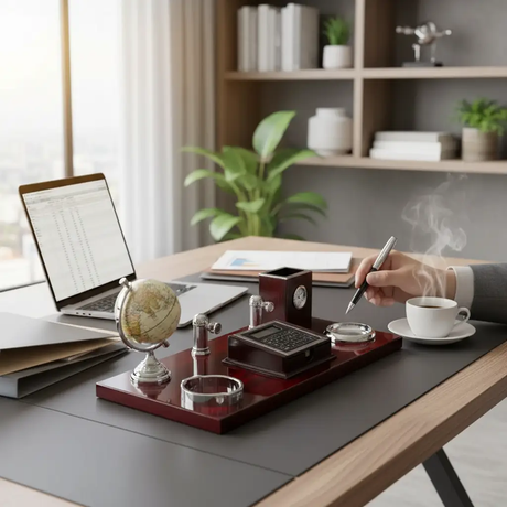 Desk Organizer - Executive Mahogany Silver 5-in-1 Set with Globe Clock Pen Holder Calculator and Coin Tray Home & Garden Desktop Organizers