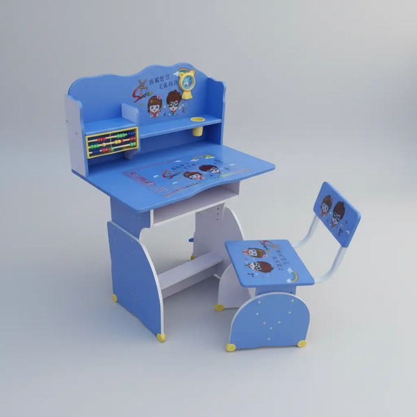 Kids Study Desk and Chair Set - Abacus Shelf Cartoon Design Blue Natural Wood Furniture Office Furniture Sets