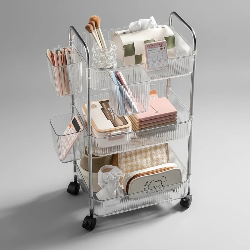 3-Tier Rolling Storage Cart with Side Hooks Clear Organizer Home & Garden Household Storage Caddies