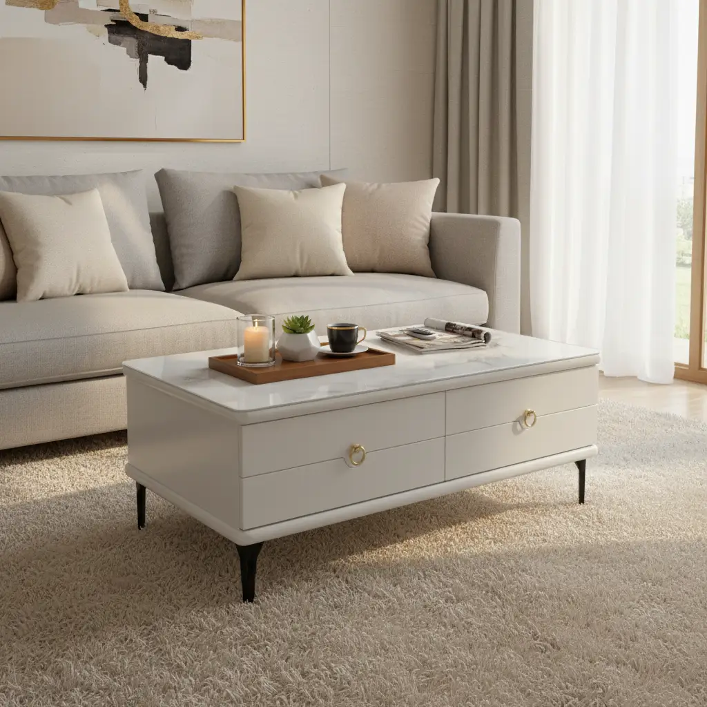 Marble-Effect Glass Top Coffee Table with 2 Drawers & Gold Handles Coffee Table Coffee Tables