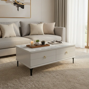 Marble-Effect Glass Top Coffee Table with 2 Drawers & Gold Handles Coffee Table Coffee Tables