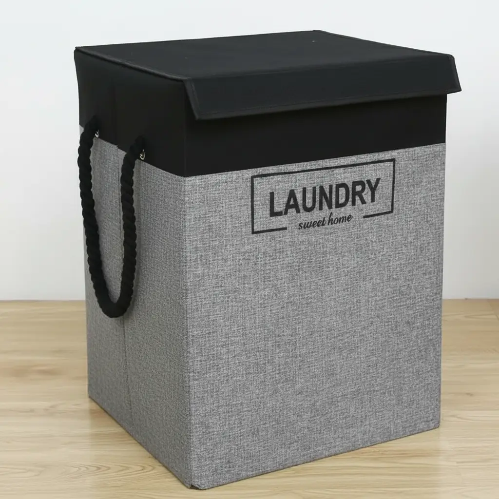 Laundry Basket - Sweet Home Foldable with Lid Cotton Linen 56x30x42cm Home & Garden Laundry Baskets