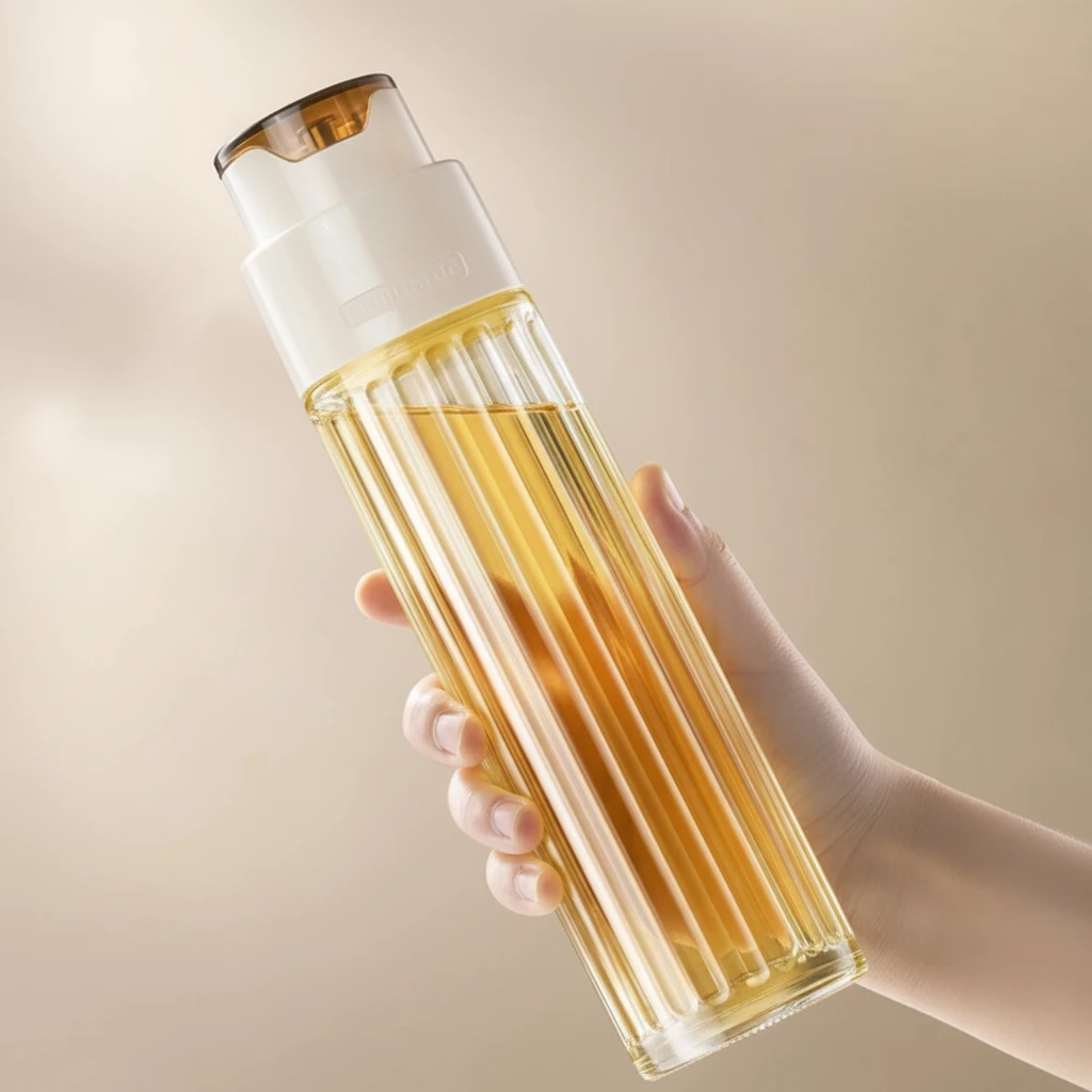 Luxury Ribbed Glass Oil Dispenser Bottle 500ml White Gold Push Pump Kitchen & Dining Oil Dispensers