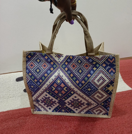 Geometric Print Pattern Tote Bag Jute Canvas Smart Casual 34x17x28cm