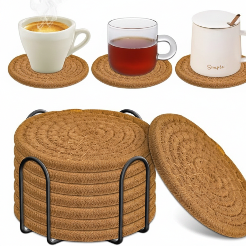Drink Coasters - 8-Piece Woven Cotton Absorbent with Metal Stand Natural Kitchen & Dining Coasters