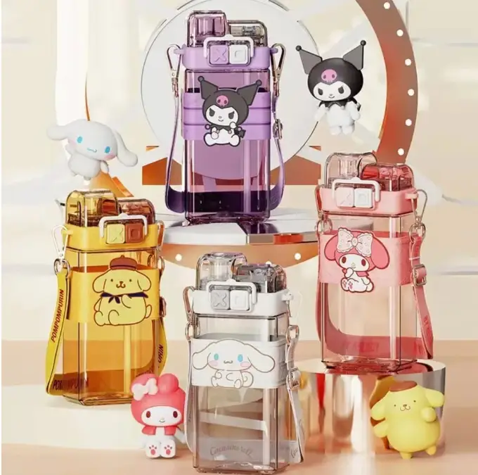 Kids Water Bottle - Sanrio Cartoon Double Drink Large Capacity Square Bottle with Strap Kids & Baby Water Bottles