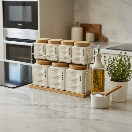 7-Piece Embossed Ceramic Canister Set Spice Sugar Tea Bamboo Lids Chrome Rack Kitchen & Dining Food Storage Containers