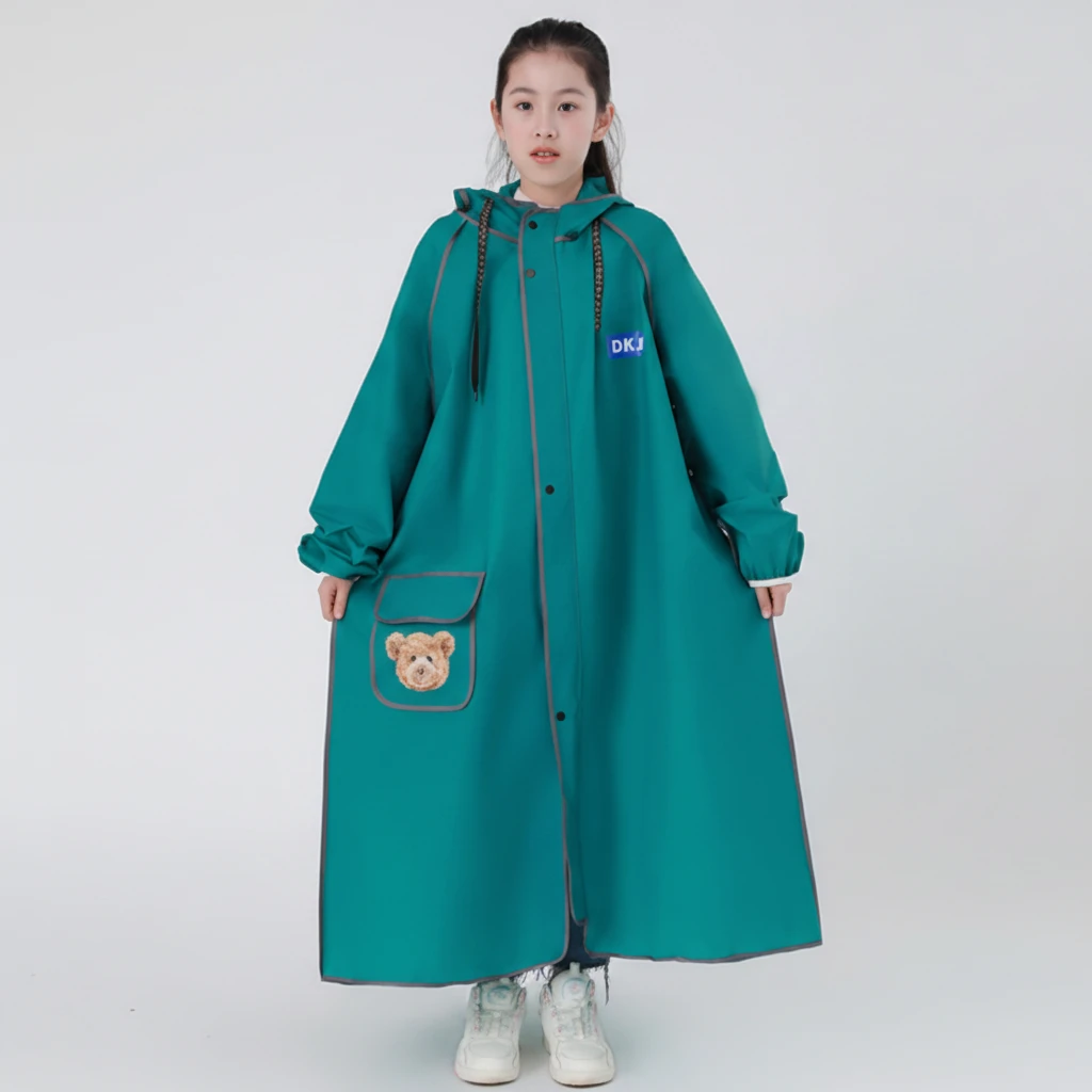 DKAI Children's Long Raincoat Wide Brim Clear Visor Hood Zip Snap Teddy Bear Pocket 3XL 150-160cm Teal Black Lavender Home & Garden Rain Coats