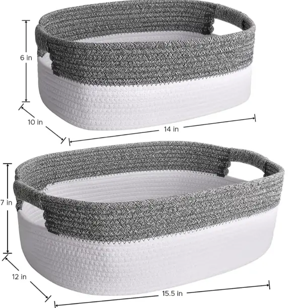 Storage Basket Set - 2-Piece Cotton Rope Woven Oval with Handles Grey White Household Storage Baskets