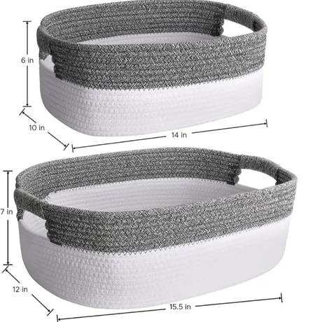 Storage Basket Set - 2-Piece Cotton Rope Woven Oval with Handles Grey White Household Storage Baskets