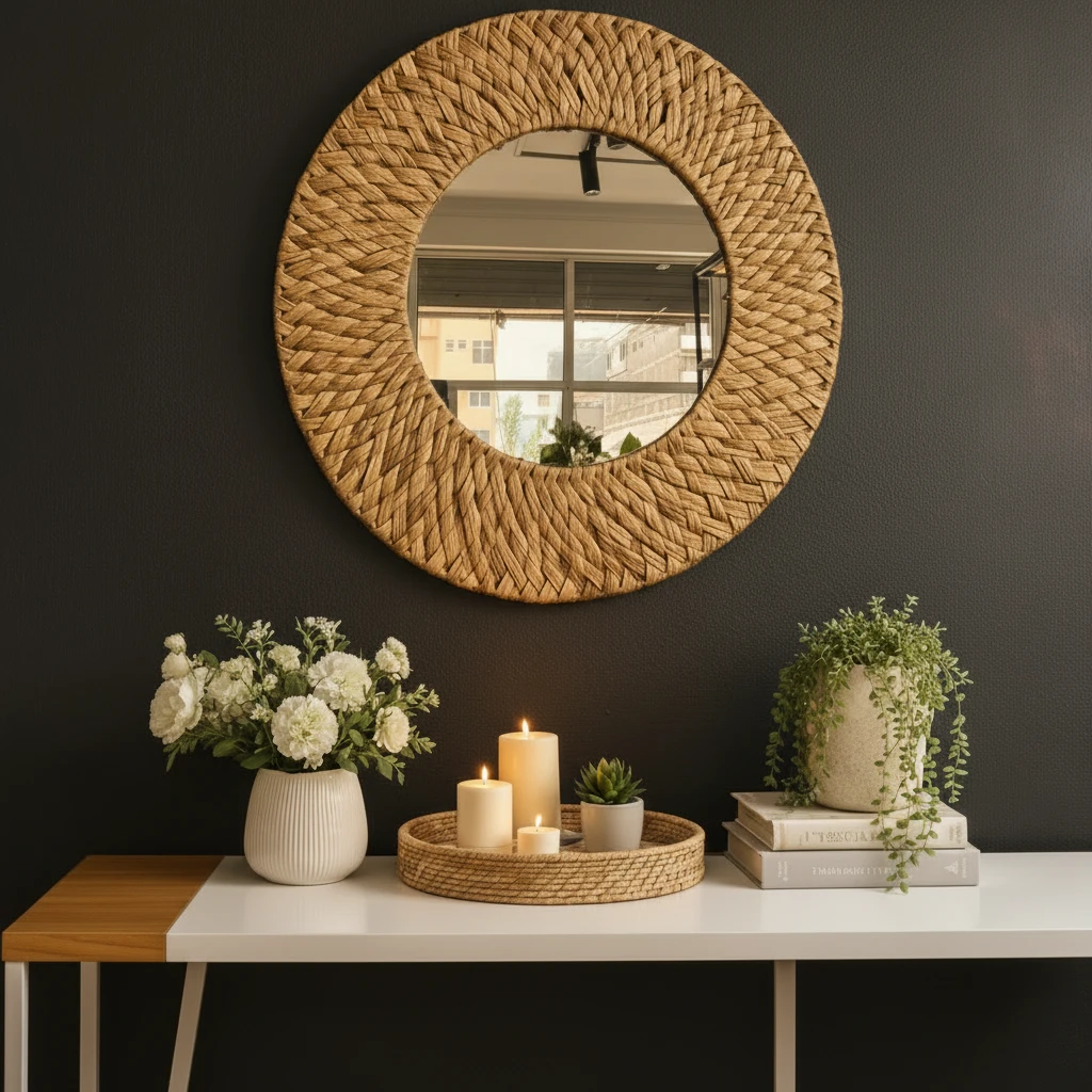 Boho Water Hyacinth Braided Round Wall Mirror 60cm Natural Handmade Home & Garden Mirrors