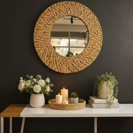 Boho Water Hyacinth Braided Round Wall Mirror 60cm Natural Handmade Home & Garden Mirrors