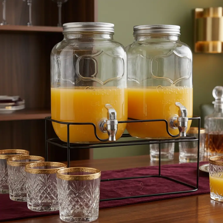 Juice Dispenser - 2-in-1 Double Mason Jar Glass Dispenser with Black Metal Stand Kitchen & Dining Beverage Dispensers