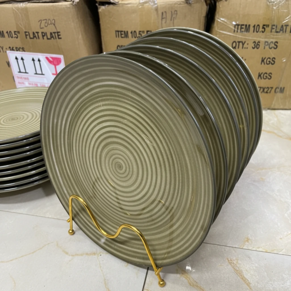 Set of 6 Heavy Ceramic 10.5 Inch Dinner Plates Spiral Embossed Concentric Texture Olive Sage Green Kitchen & Dining Plates