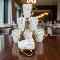 Mug Set - 6-Piece 370ml Ceramic Snowflake Print Gold Handle and Rim White Kitchen & Dining Mugs