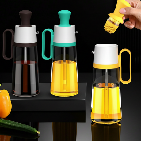 2-in-1 Glass Oil Dispenser with Silicone BBQ Brush 550ml Grey Teal Yellow Kitchen & Dining Basting Brushes