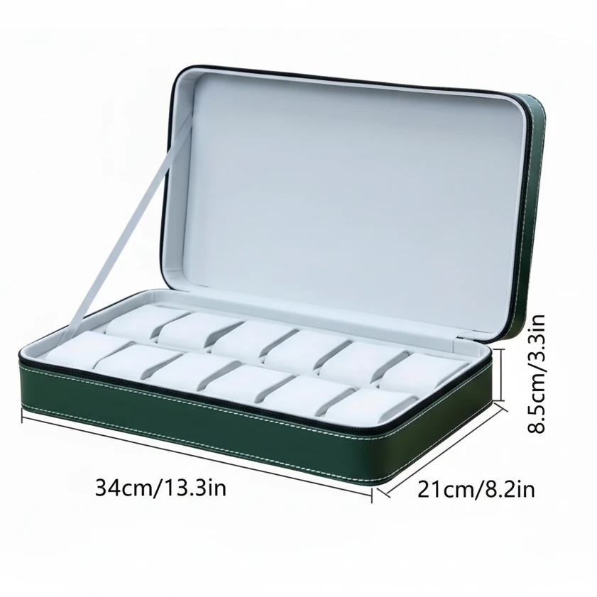 10-Slot Watch Storage Box Green PU Leather with Zipper Case Bags & Accessories Watch Accessories
