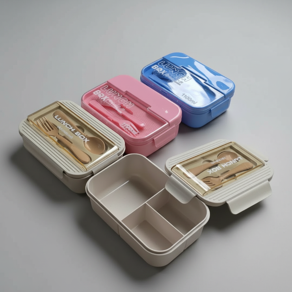 Bento Lunch Box 3-Compartment 1100ml with Spoon Fork Beige Blue Pink Kitchen & Dining Lunch Containers