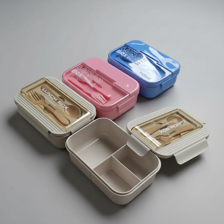 Bento Lunch Box 3-Compartment 1100ml with Spoon Fork Beige Blue Pink Kitchen & Dining Lunch Containers