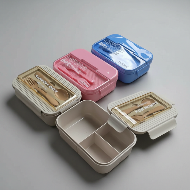 Bento Lunch Box 3-Compartment 1100ml with Spoon Fork Beige Blue Pink Kitchen & Dining Lunch Containers